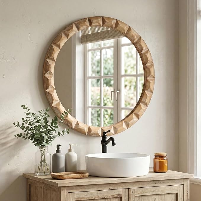Solid Wood Wall Mirror, 24 Inch Round Hand-Carved Pine Wood Frame Circle for Wall Decor, Rustic Farmhouse Mirror for Bathroom, Living Room, Entryway, Natural Wood