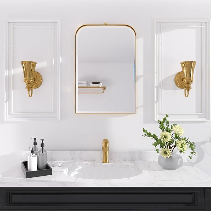 POZINO Brushed Gold Beveled Mirror, 20"x30" Arched Mirror for Over Sink, Rounded Rectangle Mirrors with Stainless Steel Frame, Brass Vanity Wall Mirrors for Bathroom Bedroom Living Room Entryway