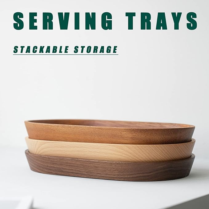 Mini Serving Trays for Parties, Small Decorative Tray for Tea＆Coffee, Oval Wooden Plates for Serving Food for Appetizer＆Vegetables for Bathroom 7.8"×4.6" (Walnut, Set of 2)