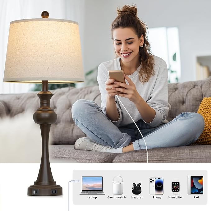 Touch Table Lamps Set of 2, 28.75" Tall Bedside Lamps with USB C+A Ports, 3-Way Dimmable Table Lamp, Nightstand lamps for Bedroom, Living Room, Office, Brown Lamps with Beige Lampshade, Bulbs Included
