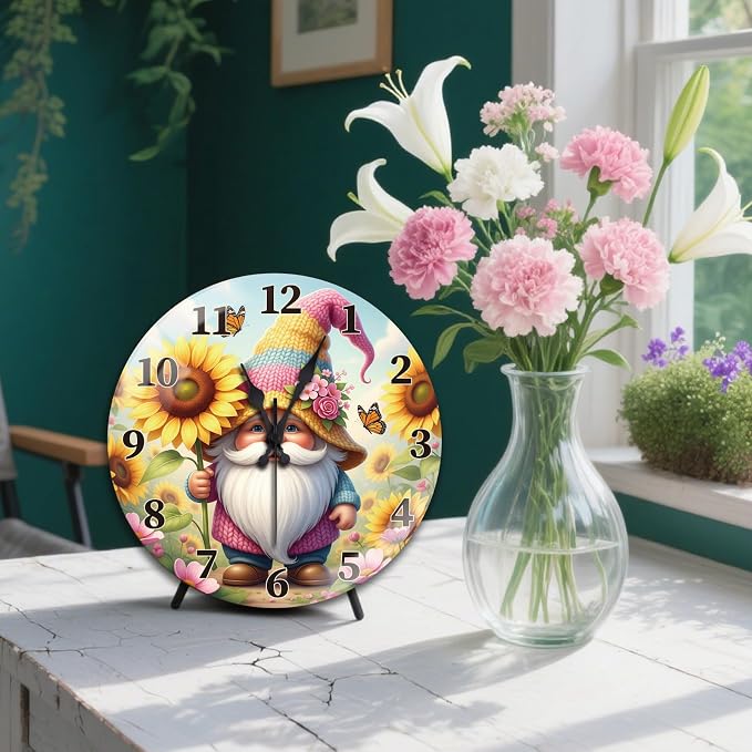 peacoblue Wall Clocks Battery Operated 12 Inch Flowers and Gnome Glass Round Wall Clock Non Ticking for Kitchen Living Room Dining Room Bedroom and Bathroom Decor Accessories (Battery not Included)