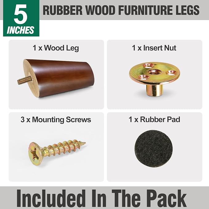 FoDau770 Brown Rubber Wood Furniture Legs 5 Inches, 5/16" UNC Slant Tapered Wood Feet Mid Century Sofa Legs, Wooden Furniture Feet Replacement Parts for Cabinet Couch Dresser Chair Ottoman Table