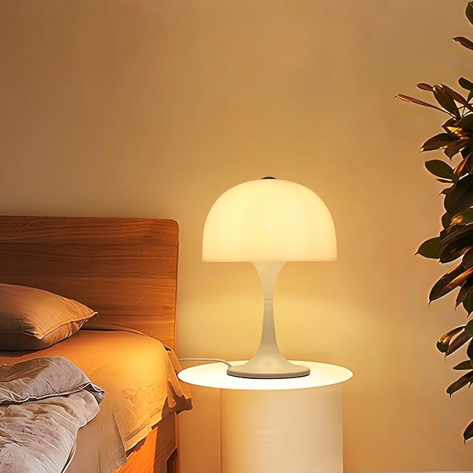 Modern Sleek Table Lamp for Bedroom, 3-Light LED End Table Lamp for Living Room, Office, Milky White Acrylic Shade Metal Mushroom Desk Lamp for Bedside Night Light, White Base