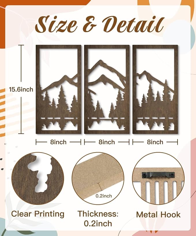 Putuo Decor 3-Piece Mountain Forest Wood Wall Art Set, Natural Wall Art Decor, Minimalist Wall Sculpture for Cabin Bedroom Entryway Living Room