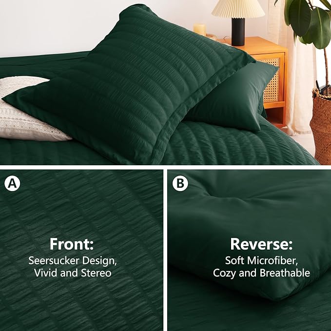 CozyLux Twin Comforter Set with Sheets 5 Pieces, Emerald Green Seersucker Luxury Textured Bed in a Bag, All Season Bedding Sets with Down Alternative Comforter, Sheets, Pillowcase & Sham, Home Gift
