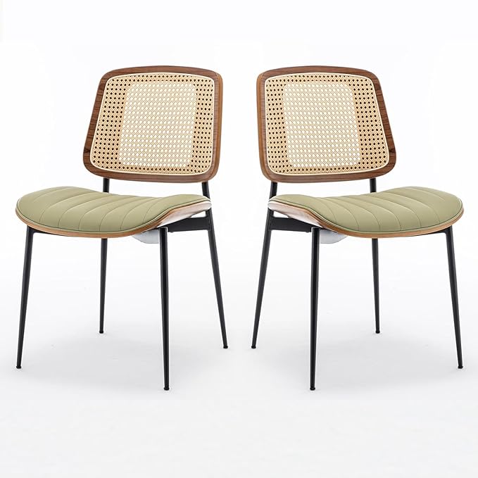 LUNLING Dining Room Chairs Set of 4 Mid Century Modern Retro Green Faux Leather Kitchen Chair with Walnut Bentwood Upholstered Seat Metal Legs Chair for Kitchen Dining Room Chairs(LightGreen)