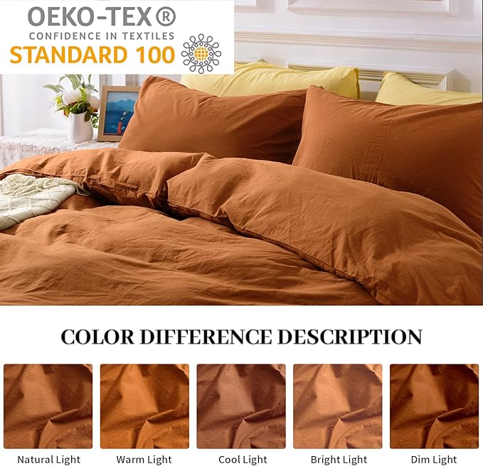 NEXHOME PRO Terracotta Burnt Orange Duvet Cover Set Kids Twin Size Linen Look Textured Organic Natural 100% Washed Cotton Duvet Cover 2 Pieces Bedding Set Caramel with Zipper Closure (No Comforter)