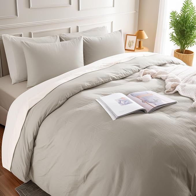 NEXHOME PRO Duvet Cover Queen Size, 100% Washed Cotton Orgnic Linen Like Textured Breathable Durable Comfy, Cream Grey