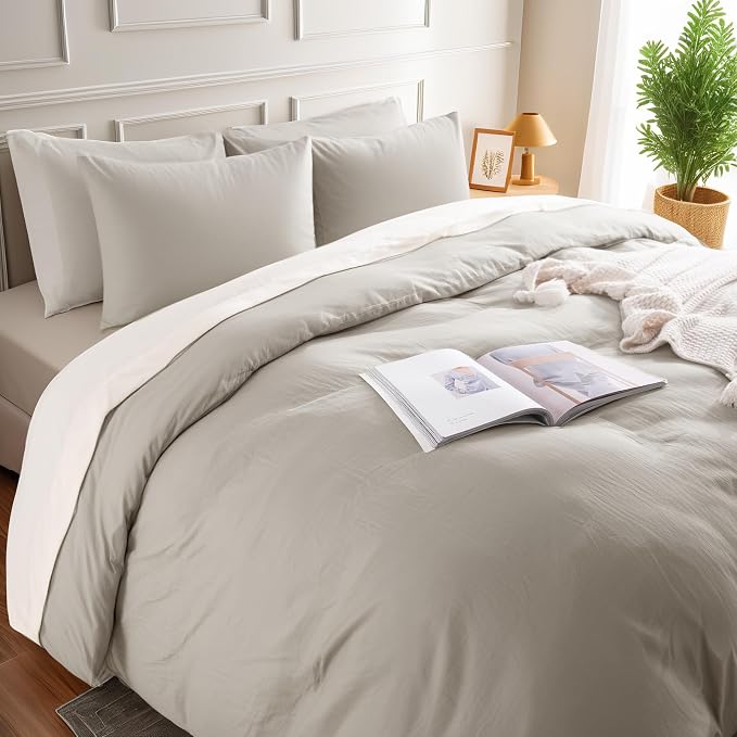 NEXHOME PRO Duvet Cover Full Size, 100% Washed Cotton Orgnic Linen Like Textured Breathable Durable Comfy, Cream Grey