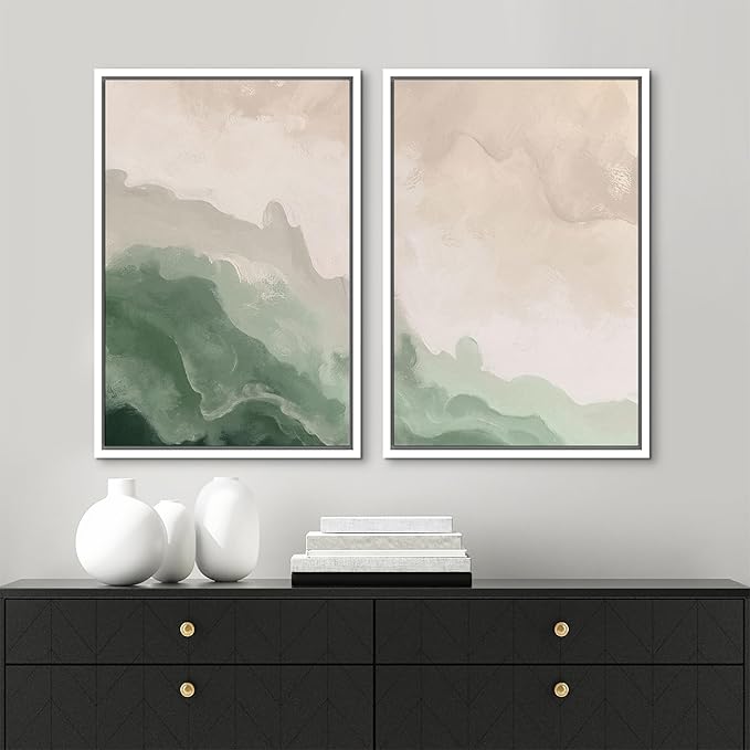 MUDECOR Framed Canvas Print Wall Art Soft Green and Beige Abstract Calming Watercolor Landscape Illustrations Modern Art Decorative Bohemian Chic for Living Room, Bedroom, Office - 16"x24"x2 White
