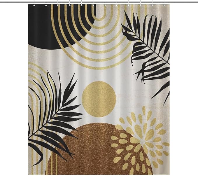 Boho Mid Century Shower Curtain Abstract Golden Dots Leaves Modern Geometric Minimalist Aesthetic Washable Waterproof Fabric for Bathroom Decor Bathtub with 12 Hooks 55x72in（140x183cm）