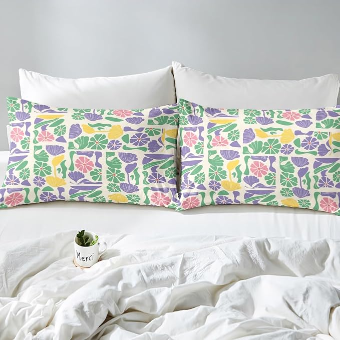 Erosebridal Retro Abstract Boho Colorful Floral Bedding Set King Mid Century Modern Duvet Cover Purple Green Pink Patchwork Geometric Comforter Cover for Kids Adults,Vintage Retro Botanical Bed Set