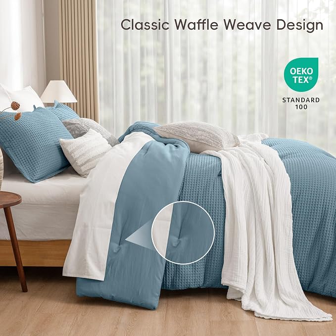 PHF Ultra Soft Waffle Weave Comforter Set King Size, 3 Pieces Lightweight Breathable Comfy Bedding Set, Comfy Textured 1 Comforter with 2 Pillow Shams, Stormy Blue