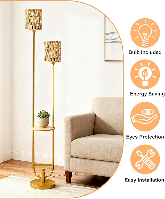 Lightdot 63IN Gold Floor Lamp with Table& Rattan Shades Mid Century Standing Lamps with Warm White Bulbs Included, Unique Vintage Tall Floor Lamp for Living Room/Wedding/Party/Sofa Beside/Corner Decor
