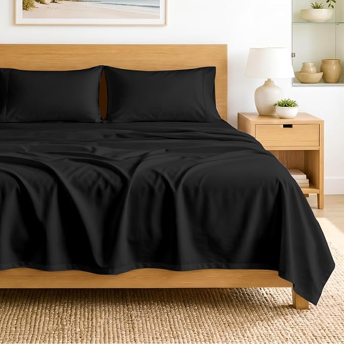 SGI bedding RV Short Queen Sheet Set 60x75, 600 TC Egyptian Cotton, 4 Piece Luxury Hotel Collection, Ultra Soft & Breathable, Fits RV Mattress Camper & Trailer, 15 Inch Pocket, Black