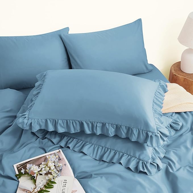 Horbaunal Blue Ruffle Sheets Twin Size 4 Piece, Fits 16" Deep Mattress, Microfiber Blue Twin Sheets with 1 Ruffled Pillowcases, Shabby Chic Bed Sheet Set