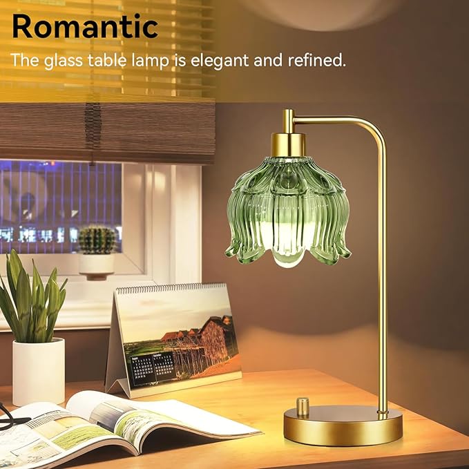 Glass Table Lamp Set of 2,Small Gold Bedside Lamps Dimmable Boho Bedroom Lamp with Tulip Flower Green Lamp Shade,Vintage Mid Century Modern Mini Nightstand Lamp for Bedroom Living Room