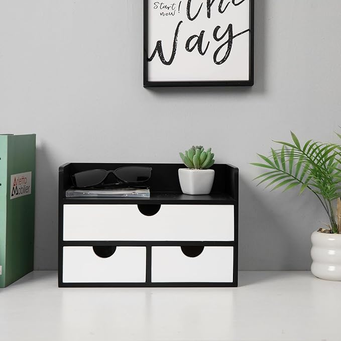 Rustic Distressed white 3-Tier Wood Desk Organizer with 3 Drawers Mini Storage Shelf For Desk, Toiletries Vanity Office Supplies (BlackWhite)