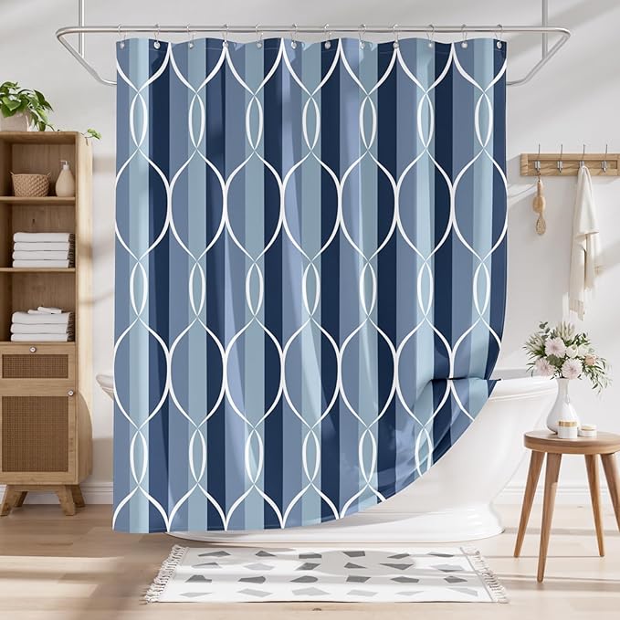 AmazerBath Shower Curtain Blue, Geometric Cloth Shower Curtain Sets with 12 Shower Curtain Hooks, Luxury Hotel Quality Washable Farmhouse Polyester Fabric Fall Bathroom Shower Curtains, 72x72 Inches