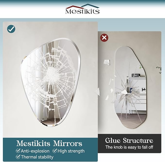 Frameless Asymmetrical Beveled Wall Mirror, 28"x40" Irregular Frameless Bathroom Oval Wall Mirrors, Abstract Wavy Mirror for Over Sink, Bedroom, Living Room, Hung Horizontally or Vertically
