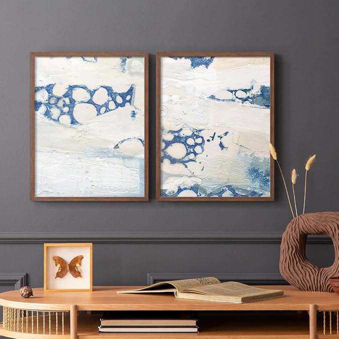 Renditions Gallery Set of 2 Peel & Stick Framed Prints, Textured Abstract Wall Art, Beach Themed Bubble Design Wall Decor, Re-Stickable - Ready to Hang - 22"x28" - Walnut Frame LT588