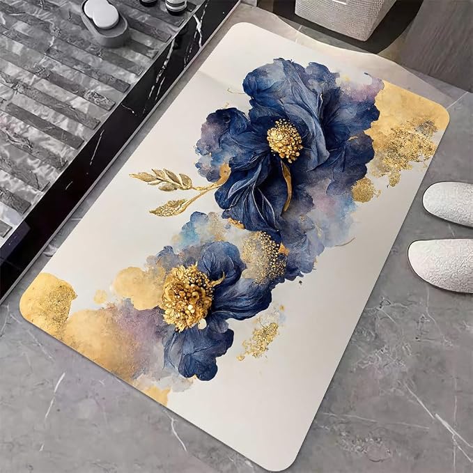 Diatomaceous Earth Bath Mat,Watercolor Flowers Gold and Blue Non-Slip Volume Super Absorbent Fast Drying for Bathroom Kitchen Door mat,Eco-Friendly Easy to Clean 17×27.5Inch (43 * 70cm)