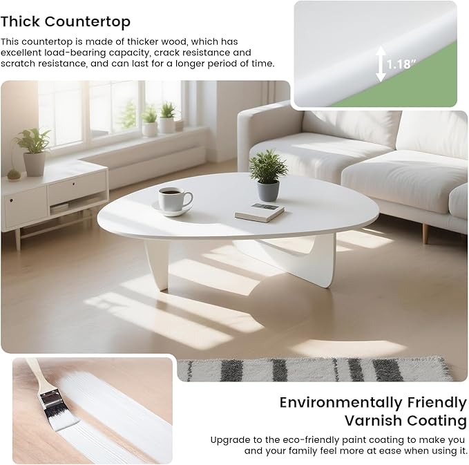 Solid Wooden Modern Triangle Coffee Table: Unique Funky Coffee Tables for Living Room, Oval Mid-Century Irregular Abstract Tea Tables for Patio Office Balcony Bedroom (White, 33" L x 24" W x 16" H)