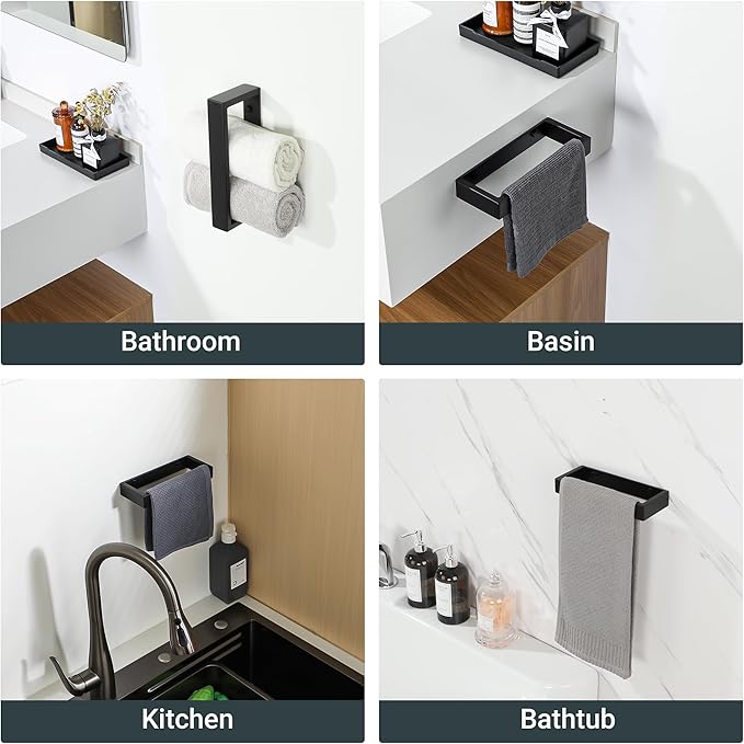 Sayayo Mate Black Towel Bar for Bathroom Wall, 8 Inch Hand Towel Holder, Screw or Self Adhesive Towel Ring Square SUS304 Stainless Steel, 3.2 Inch Wider Design