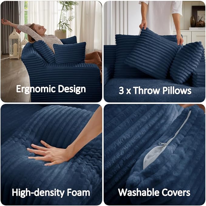 50" Chaise Lounge Chair Indoor, Corduroy Lazy Sofa Bed Sleeper Chair with 3 Pillows & Spring Cushion, Oversized Reading Chair for Living Room Apartment, Blue