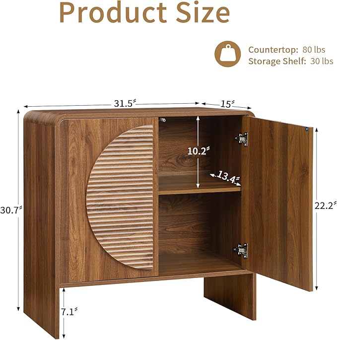 Turtle&Myrtle Fluted Sideboard Buffet Cabinet, Curved Storage Cabinet with 2 Doors and Adjustable Shelves, 31" Wide Mid Century Modern Accent Cabinets, Wood Credenza for Living Room, Kitchen, Brown