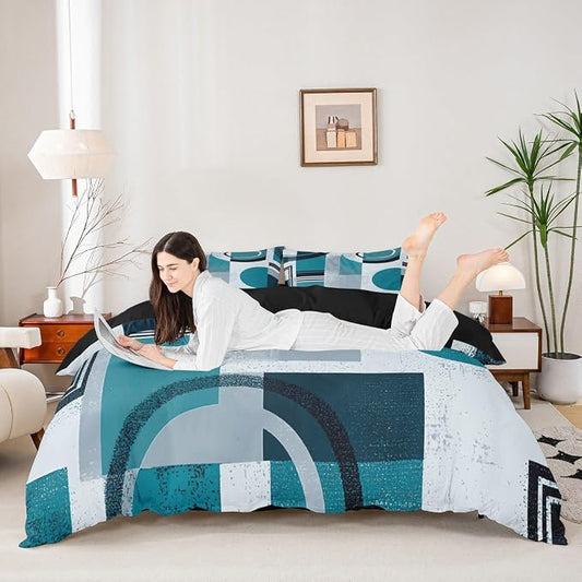 Abstract Striped Circle Duvet Cover Set Twin Size,Minimalist Aesthetic Geometric Bedding Set,Boys Girls Room Decor,Graffiti Retro Squares Comforter Cover,Teal Quilt Cover,1 Pillowcase(No Filler)