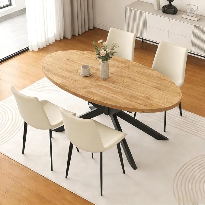 63"-78.7" Extendable Round Dining Table Set for 4, 5 Piece Mid Century Modern Oval Kitchen Table Set, Large Dining Table with 4 Dining Chairs for Living Room Space Saving（Walnut Table+4 Beige Chairs)