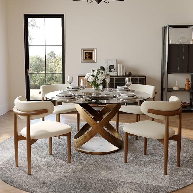 POVISON 51" Modern Round Dining Table with Lazy Susan, Glass Round Kitchen Table for 4, Tempered Glass Dining Room Table top with Bronze X Carbon Steel Base (Dining Table Only)