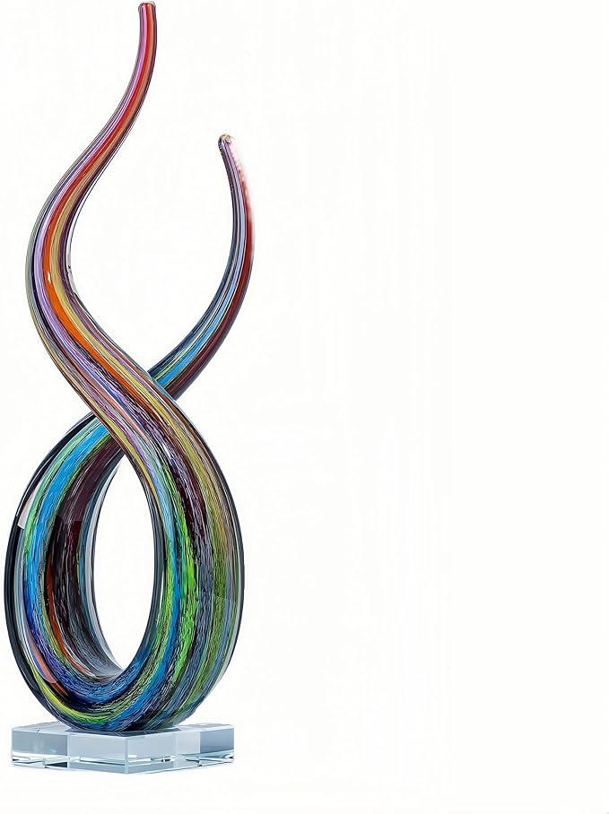 Hand Blown Murano Style Glass Sculpture, 14" Double Spiral Infinity Music Note Figurine Collectible, Modern Abstract Home Decor for Living Room Office Aquarium, Unique Gift for Art Lovers