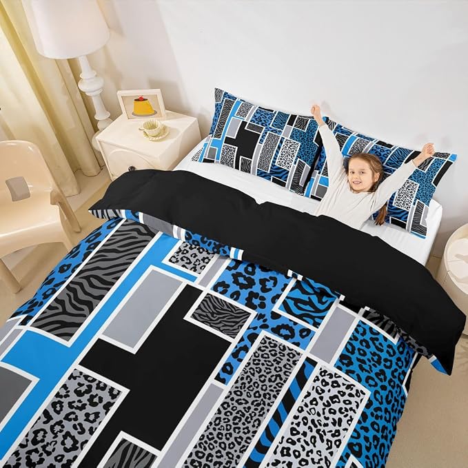 Erosebridal Leopard Zebra Print Duvet Cover Queen Blue Black Geometric Stripe Patchwork Bedding Set Rustic Animal Skin Texture Comforter Cover for Kids Teen Adults,Jungle Wildlife Bed Set