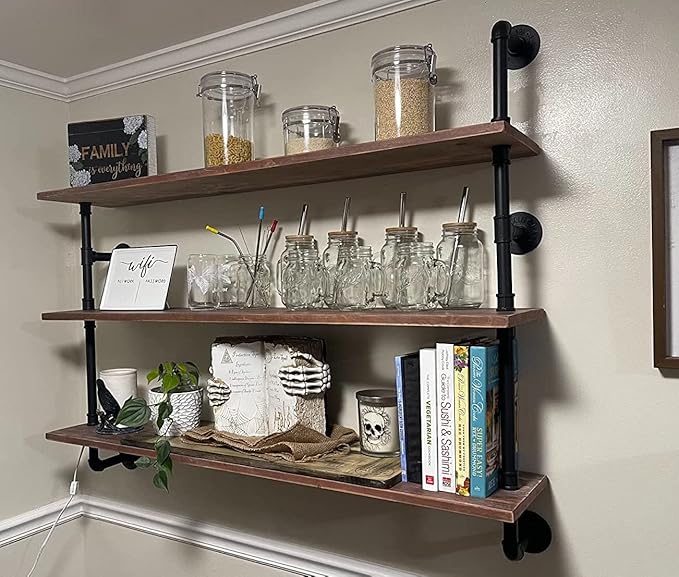 HDDFER Floating Shelves,Wall Mounted Rustic Wood Shelf,Pipe Shelves,Industrial Pipe Shelving with Real Wood Planks 48 inch Industrial Wall Shelves Hanging Bookshelf Farmhouse Kitchen Bar Shelving