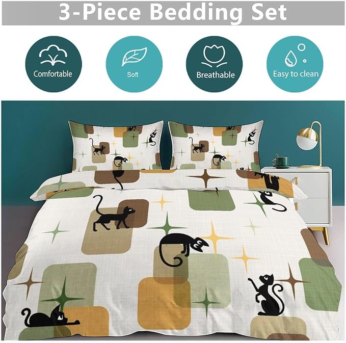 Retro Black Cat Bedding Set,Mid Century 1950s 1960s Abstract Atomic Colorful Geometric Pattern Modern Comforter Set with Pillowcase for Bedroom Bed Decor,King 102"x90"