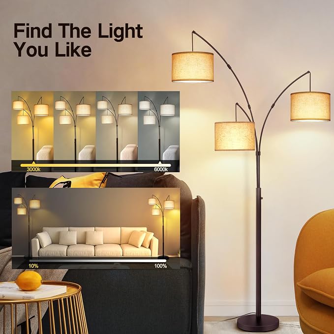OUTON Floor Lamp with Remote Control, Modern Bright Lamps for Living Room, Adjustable 3-Light Tall Arched Lamp for Bedroom, Office, 2400lm Mid Century Design with Hanging Shade