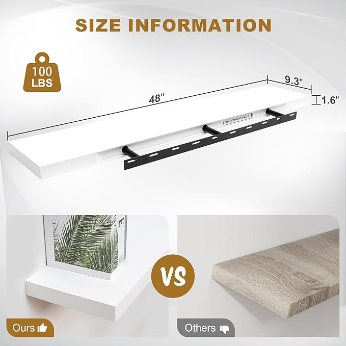 Fun Memories Floating Shelves, 9.3 Inch Deep Solid Pine Wood Wall Shelves for Storage, Rustic Wall Mounted Display Shelf with Invisible Heavy-Duty Metal Bracket, 48 Inch Width, White