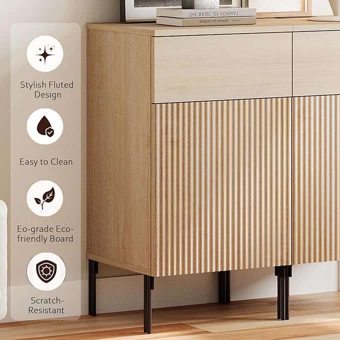 WAMPAT 94.5" W Large Sideboard Buffet Cabinet with Storage,3 in 1 Fluted Sideboard Buffet with 6 Doors, Wooden Buffet Table, Coffee Bar Wine Bar Cabinet for Kitchen, Dining Room, Living Room, Beige