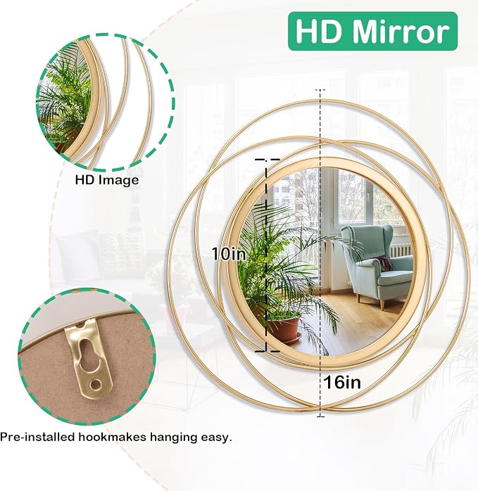 Gold Art Large Round Mirror with Iron Metal Wire Frame Wall-Mounted Mirror for Home Decor Living Room Bedroom Bathroom Entryway 16"