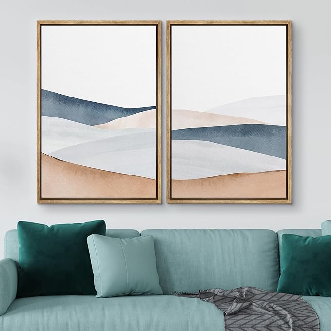 IDEA4WALL Framed Canvas Print Wall Art Set Pastel Watercolor Mountain Valley Landscape Nature Wilderness Illustrations Modern Art Scenic Colorful for Living Room, Bedroom, Office - 16"x24"x2 Natural