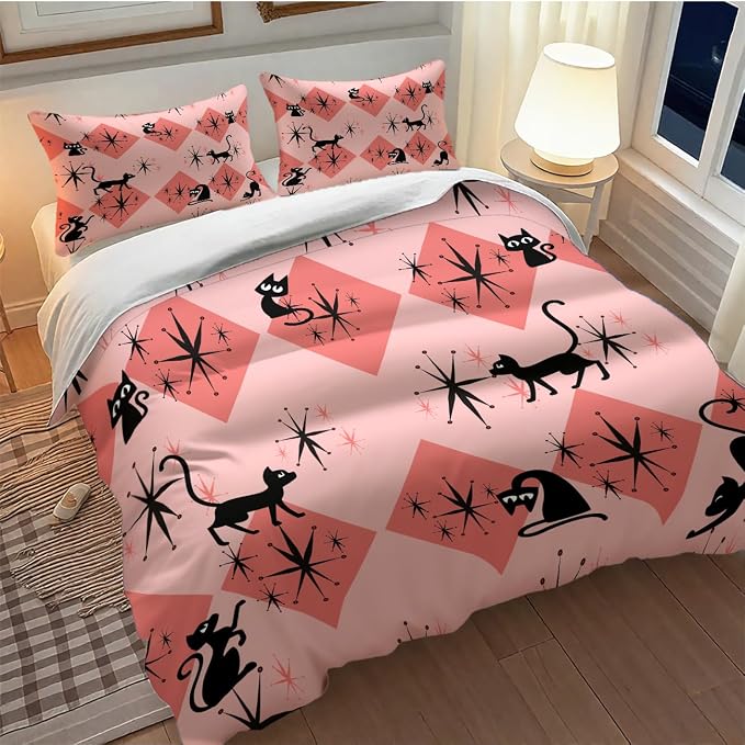 Mid Century Bedding Set,Retro Black Cat 1950s 1960s Abstract Atomic Pink Geometric Pattern Modern Comforter Set with Pillowcase for Bedroom Bed Decor,Full 79"x90"