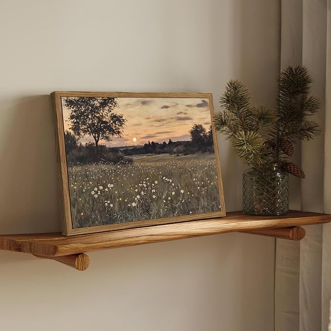 Vintage Farmhouse Wall Art, Rustic Floral Wall Decor Paintings, Twilight Firefly Artwork Painting Field Nature Landscape Canvas Prints for Bedroom Living Room 16x24 inch Wood Framed