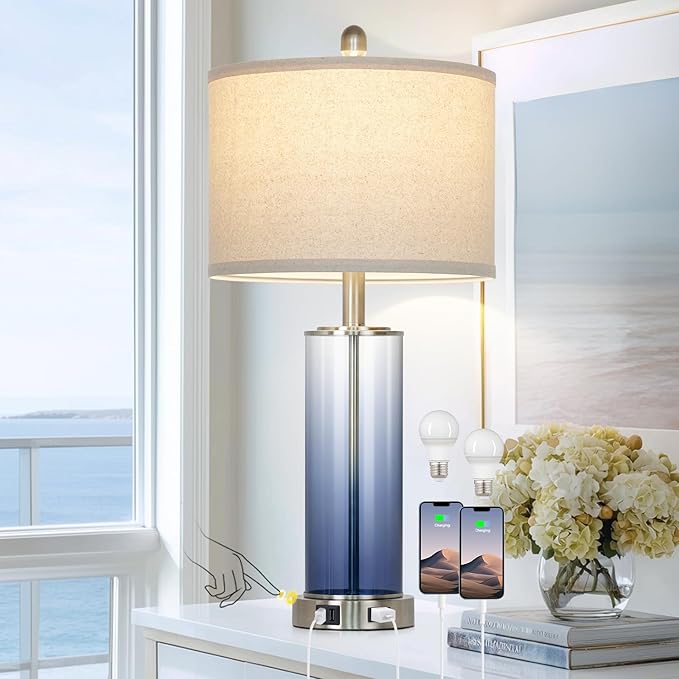 Ruzectt 26" Glass Table Lamp Single, 3-Way Dimmable Touch Control Living Room Lamp with USB C+A Ports & AC Outlet, Coastal Bedside Lamps, Bedroom Lamps for Nightstand Side End Table Desk, Blue-1PK