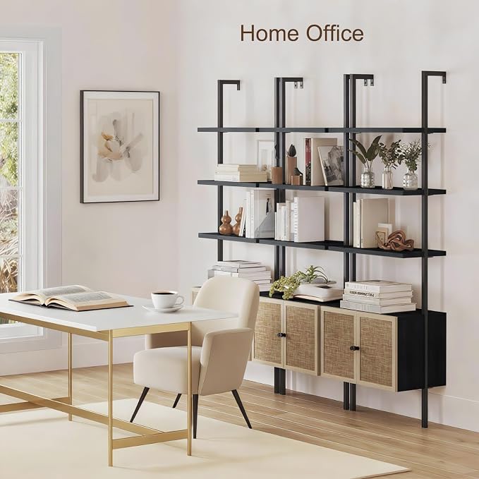 Rattan Bookcase, 6 Tier Ladder Bookshelf with Rattan Cabinet, Wall Mount Tall Bookshelves and Bookcases with Metal Storage Shelves Display for Living Room Bedroom Home Office, Black