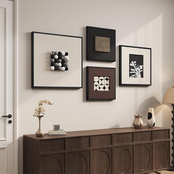 Large Framed 3D Modern Wall Art Decor for Living Room, 4 Piece Black and White Geometric Artwork for Walls, Minimalist Textured Paintings Wall Decor for Dining Room, Hallway, Bedroom