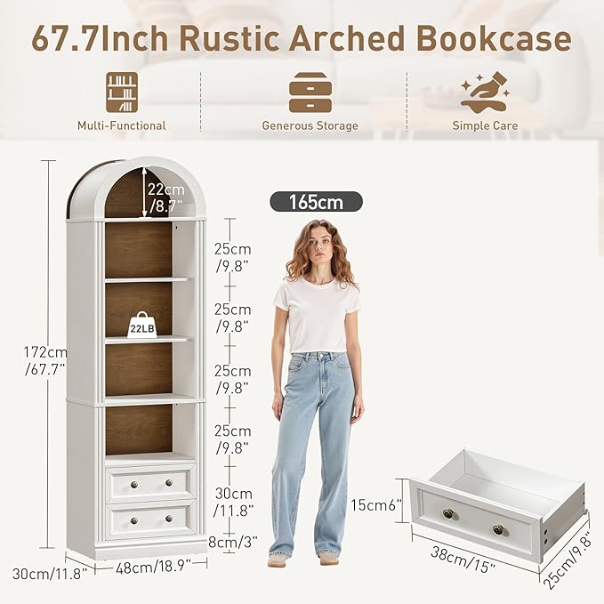 RALGEND Tall Narrow Bookshelf, Arched Bookshelf with 2 Drawers, 7-Tier Farmhouse Arch Bookcase, Wooden Book Shelf with Open Display Shelves for Office, Living Room, Kitchen, White and Walnut