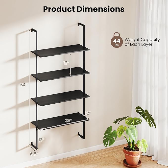 Tangkula 4-Tier Wall-Mounted Bookshelf, Industrial Modern Floating Storage Display Shelves with Metal Frame, Wall-Mounted Ladder Wooden Bookcase for Living Room, Kitchen, Bar, Office (1, Black)