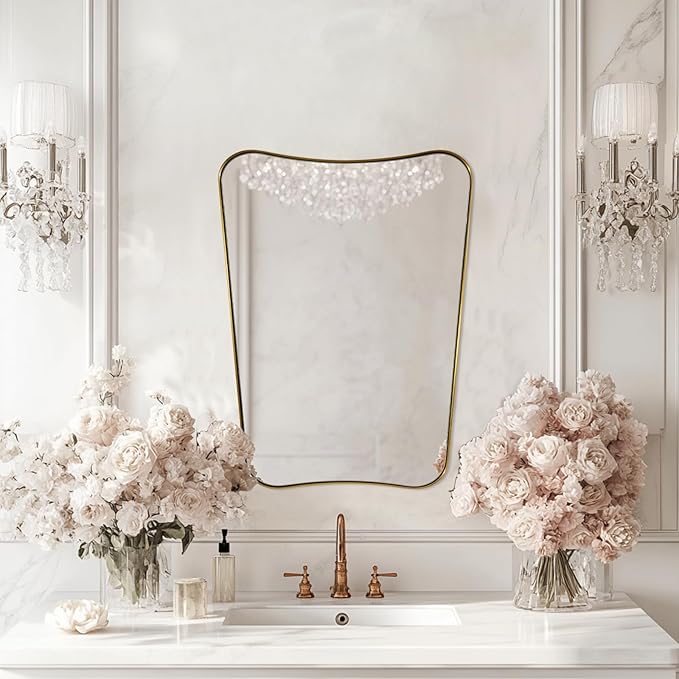 MIRRORTART Contemporary Brushed Brass Bathroom Wall Mirrors, 24x32'' Asymmetrical Scalloped Butterfly Rectangle Gold Mirror in 1'' Stainless Steel Metal Frame for Home Decor Wall Mounted Vertical Only